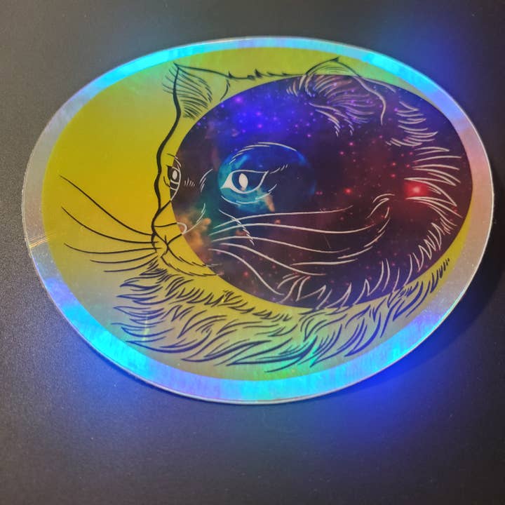 *Sticker: Crescent Moon Space Cat, 3" holographic vinyl for wholesale by Cat Champion