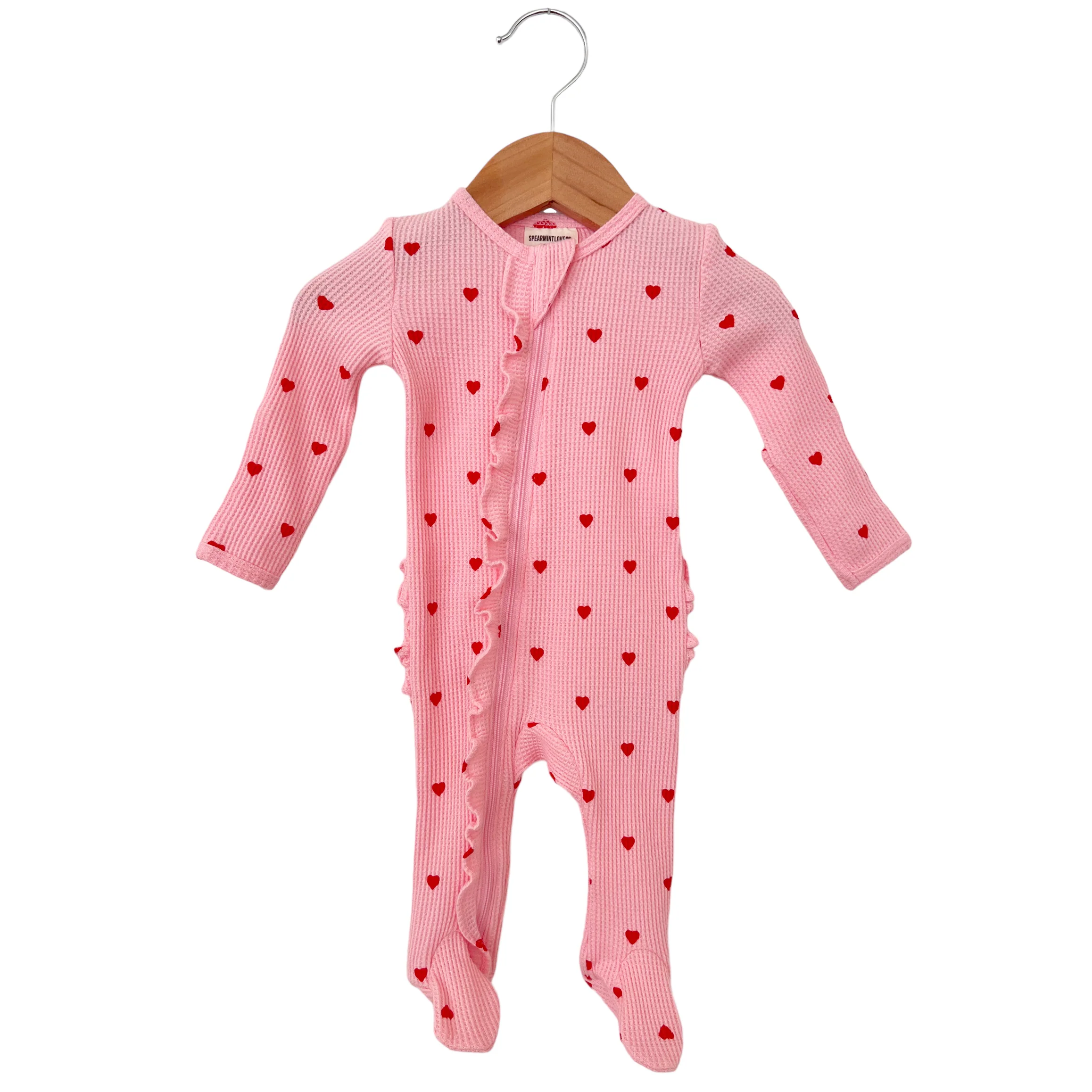 SpearmintLOVE - Wholesale Jumpsuit - Baby - Organic Waffle Ruffle Zip Footie, Little Red Heart (on Pink)1