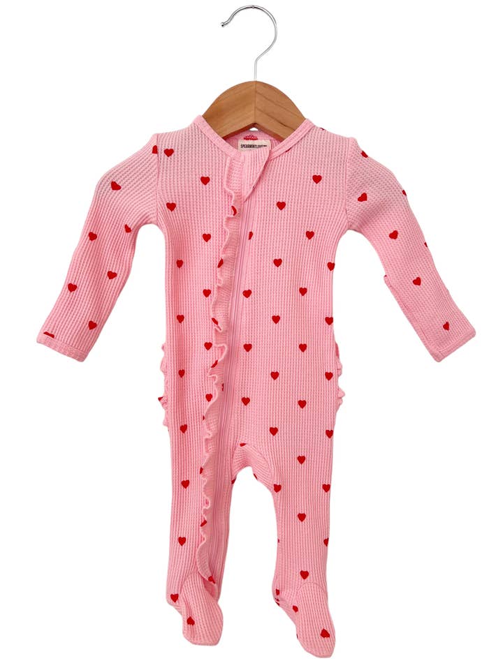 SpearmintLOVE - Wholesale Jumpsuit – Baby - Organic Waffle Ruffle Zip Footie, Little Red Heart (on Pink)1