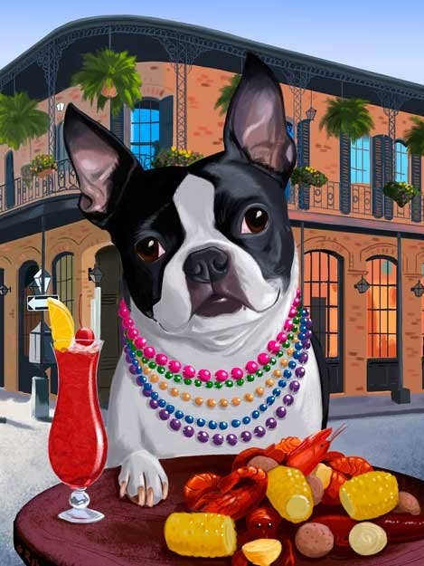 Boston Terrier, New Orleans, Kunstdruck mit Hund für den Großhandel von Brian Rubenacker studios