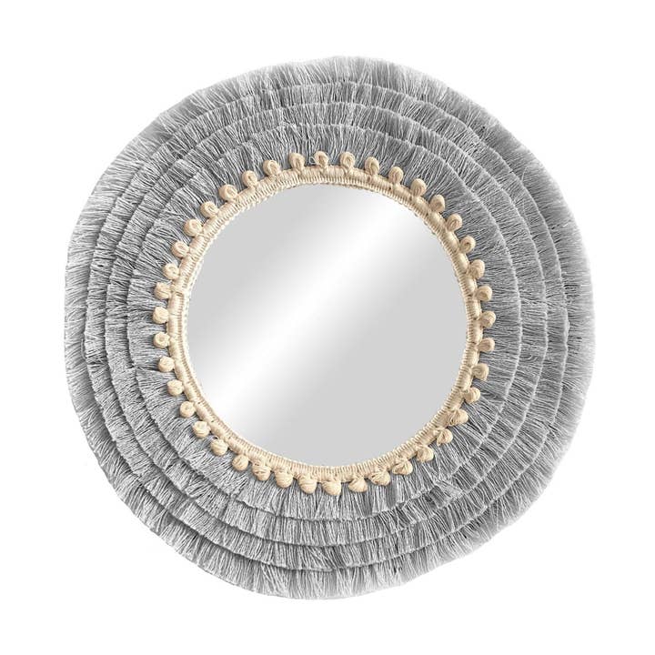 Geometrik Design - Wholesale Wall Stone - Round Gray Mirror With Cotton Fringe Boho0
