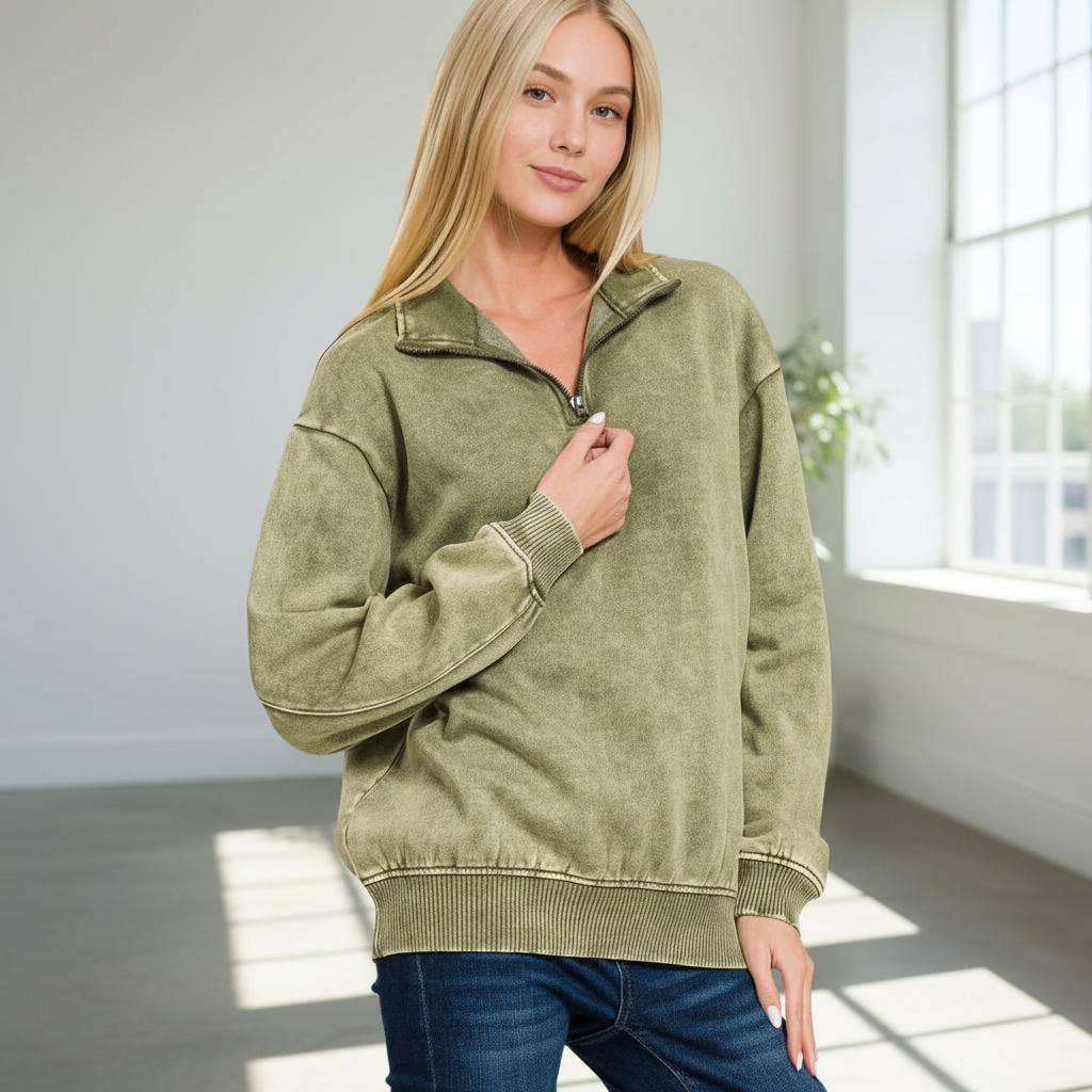 42POPS - Wholesale Sweatshirt - Women's - ,..0810 Acid Wash Fleece Half Zip Pullover SI-2674818