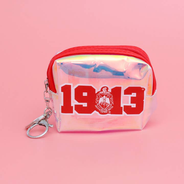 Red and White DST Sorority Iridescent Zipper Pouch Keychain Clip for wholesale on Faire