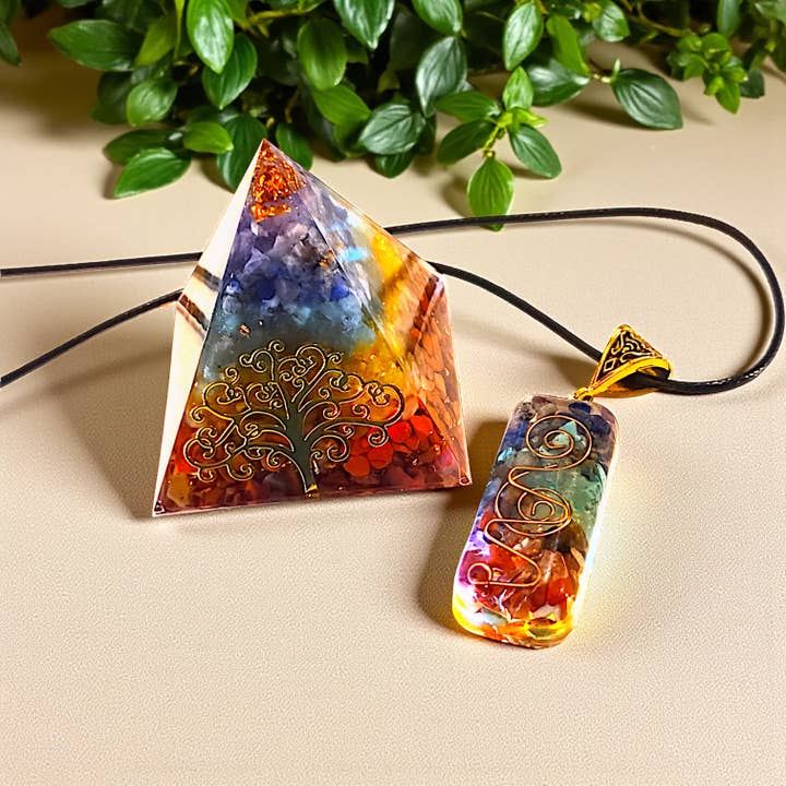Orgonite 7 Chakra Pyramid and Necklace Set for wholesale by Funky Aura Boutique
