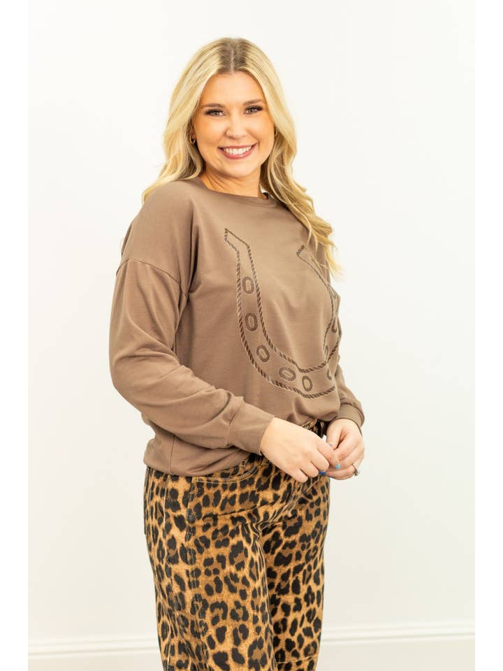 Horse Shoe on Light Weight Sweatshirt, Mocha for wholesale on Faire6