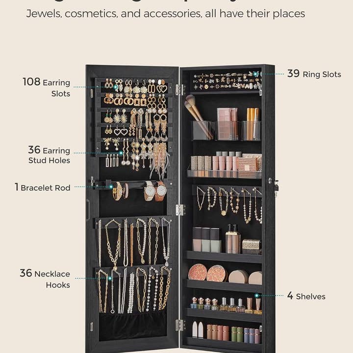 Black Mirror Jewelry Cabinet Armoire with Lockable Cosmetic Organizers for wholesale on Faire