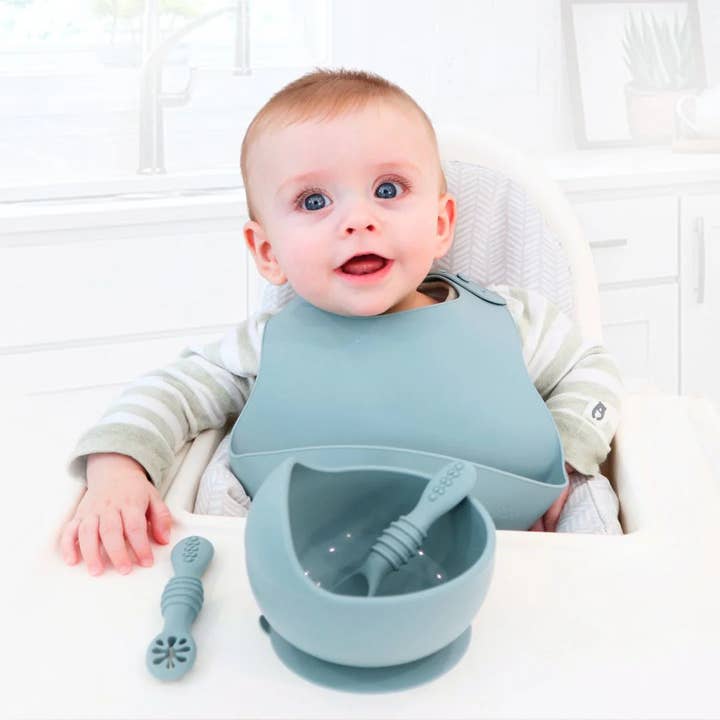 Suction Bowl & Training Spoons - Dusty Teal for wholesale on Faire1