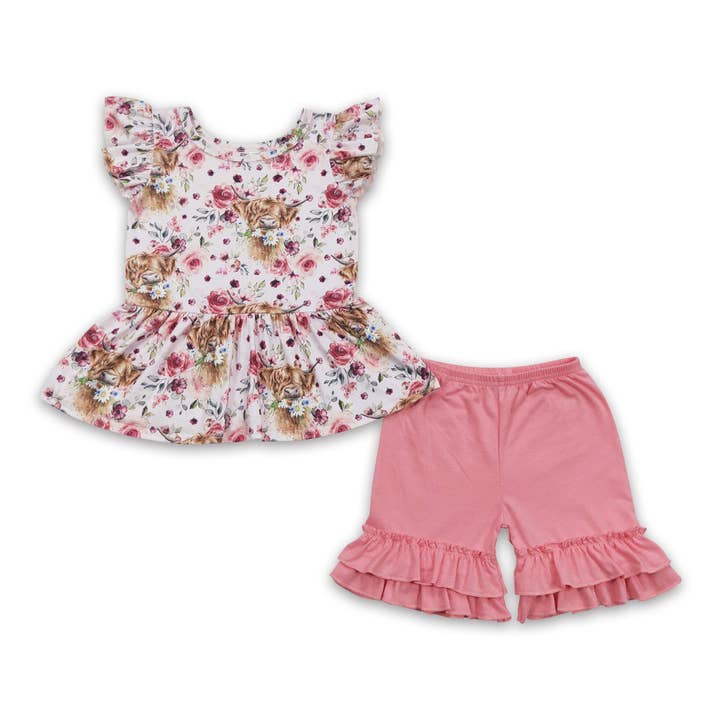 Highland cow floral peplum ruffle shorts girls western summer outfits for wholesale by Yawoo Garments
