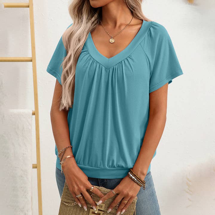V-neck pleated loose short-sleeved cotton Top for wholesale by Lily Clothing