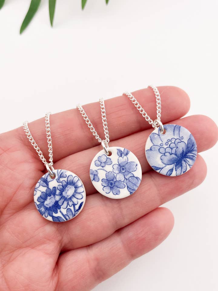 Blue China Large Round Pendant necklace on silver chain for wholesale by Clay Blanca