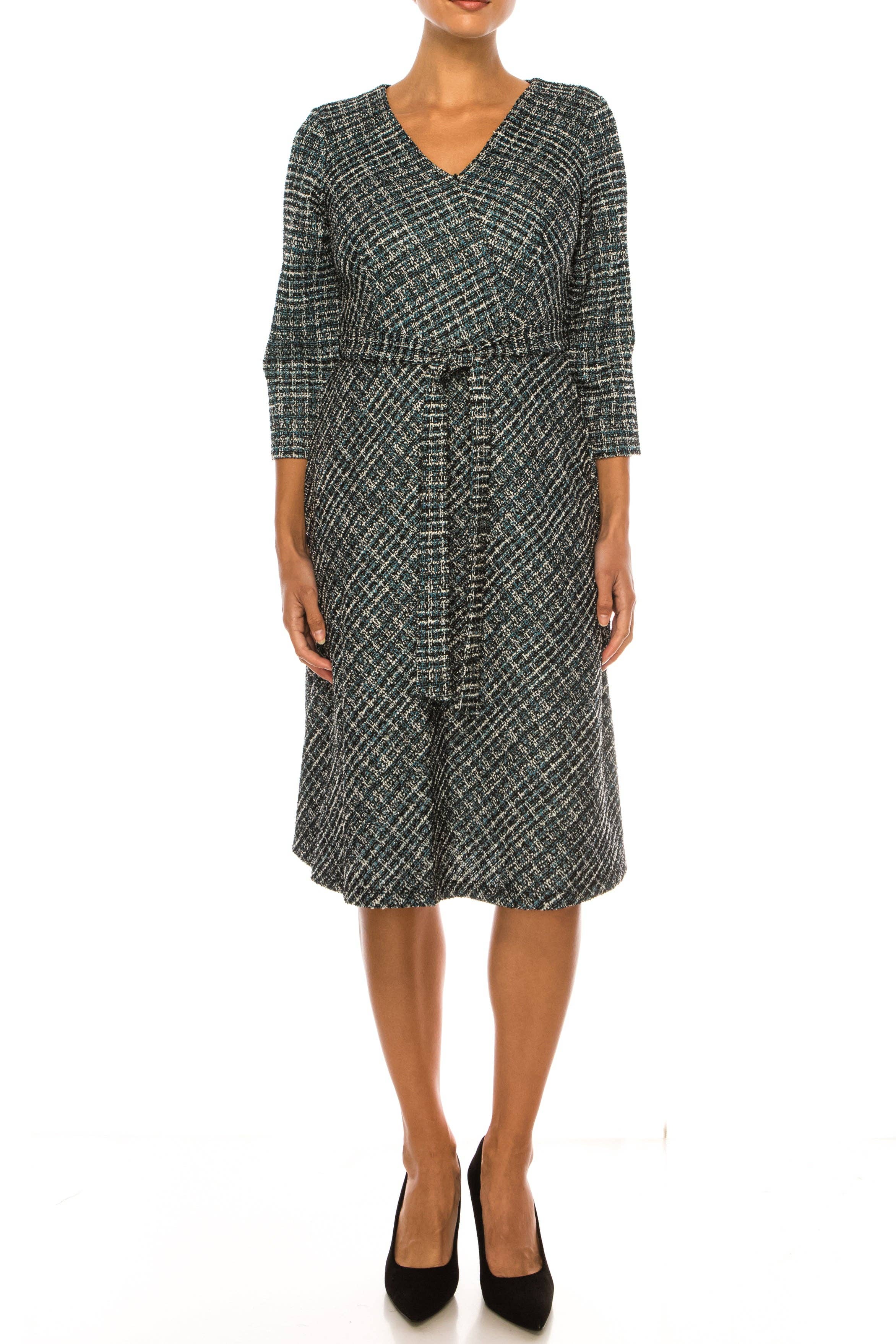 BLK WHT TURQ Shelby & Palmer Tweed Belted V-Neck A-line Dress for wholesale on Faire