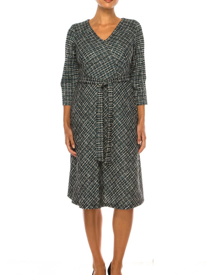 BLK WHT TURQ Shelby & Palmer Tweed Belted V-Neck A-line Dress for wholesale on Faire0