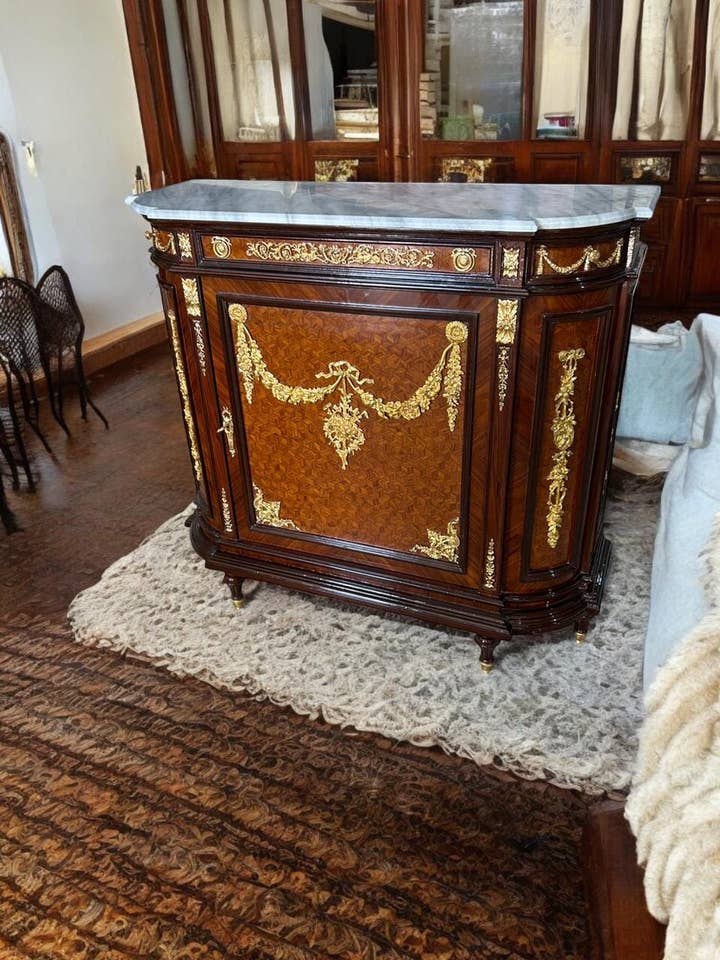 Exquisite Louis XVI Style Marble-Top Cabinet – Ormolu & Inlaid Wood – 67” W for wholesale by MALuxury Furniture