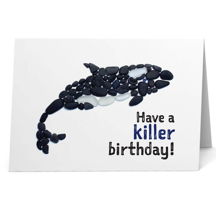 Sea Glass Orca Have A Killer Birthday Card for wholesale by Beachcombing / Etched by the Sea