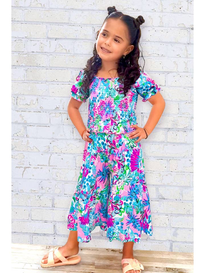 Pink Blue Sea Floral GKSS-3171B-Q74 Girl's 2 pcs Maxi Skirt Set w/ Smocking Top for wholesale on Faire
