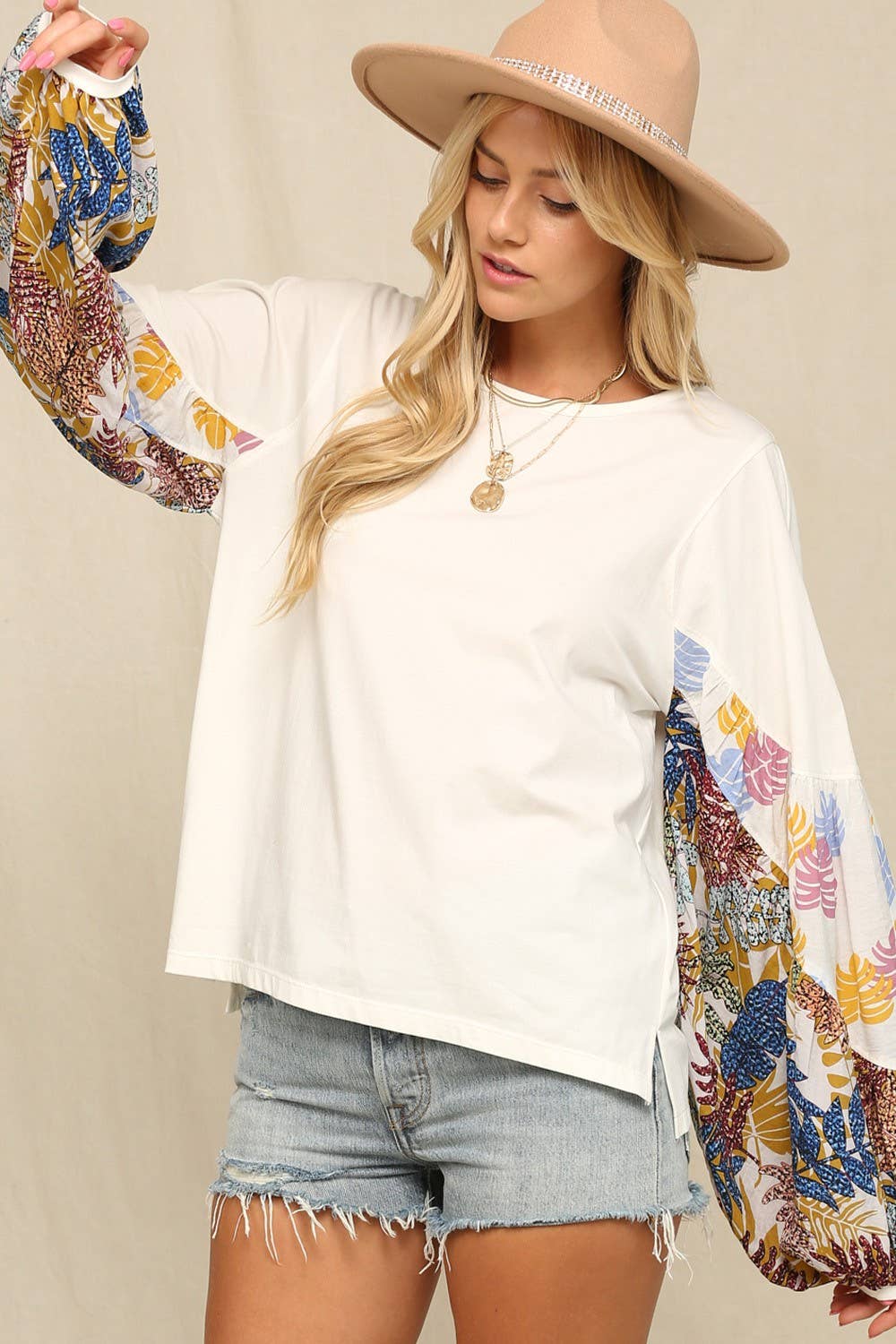 Off White Botanic Color Printed Bishop Sleeves Top for wholesale on Faire4