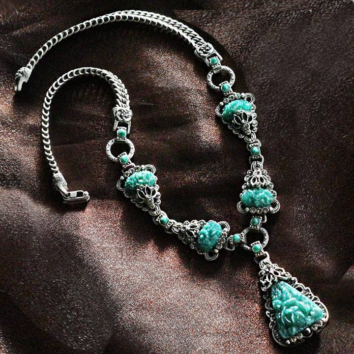 Art Deco Vintage Green Jade Glass Triangle Necklace N1095 for wholesale by Sweet Romance Jewelry