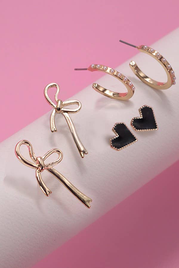 Gold TRIO BOW HOOP HEART EARRINGS | 80E3532 for wholesale on Faire