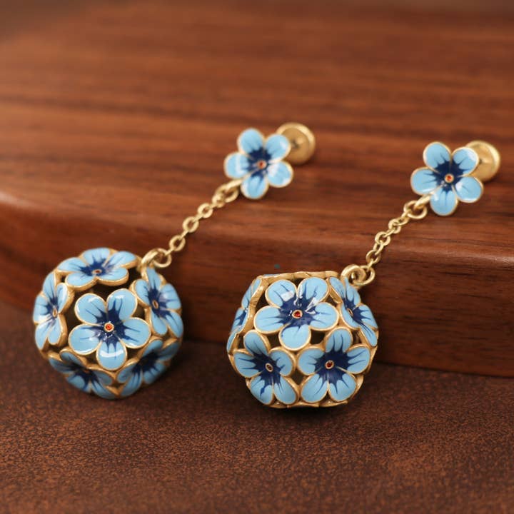 GirlyPirateCo - Wholesale Dangle Earrings - Charming Blue Enamel Floral Drop Earrings with Gold Plated