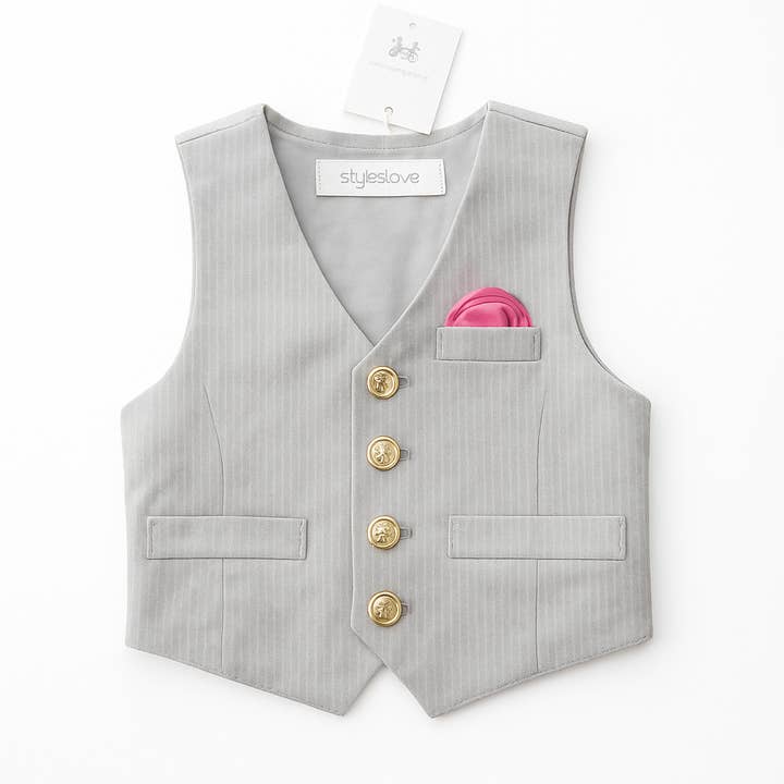 Fennco Styles - Wholesale Outerwear Vest - Kids - Grey Faux Tie Gold Buttons Boy Tuxedo Vest3