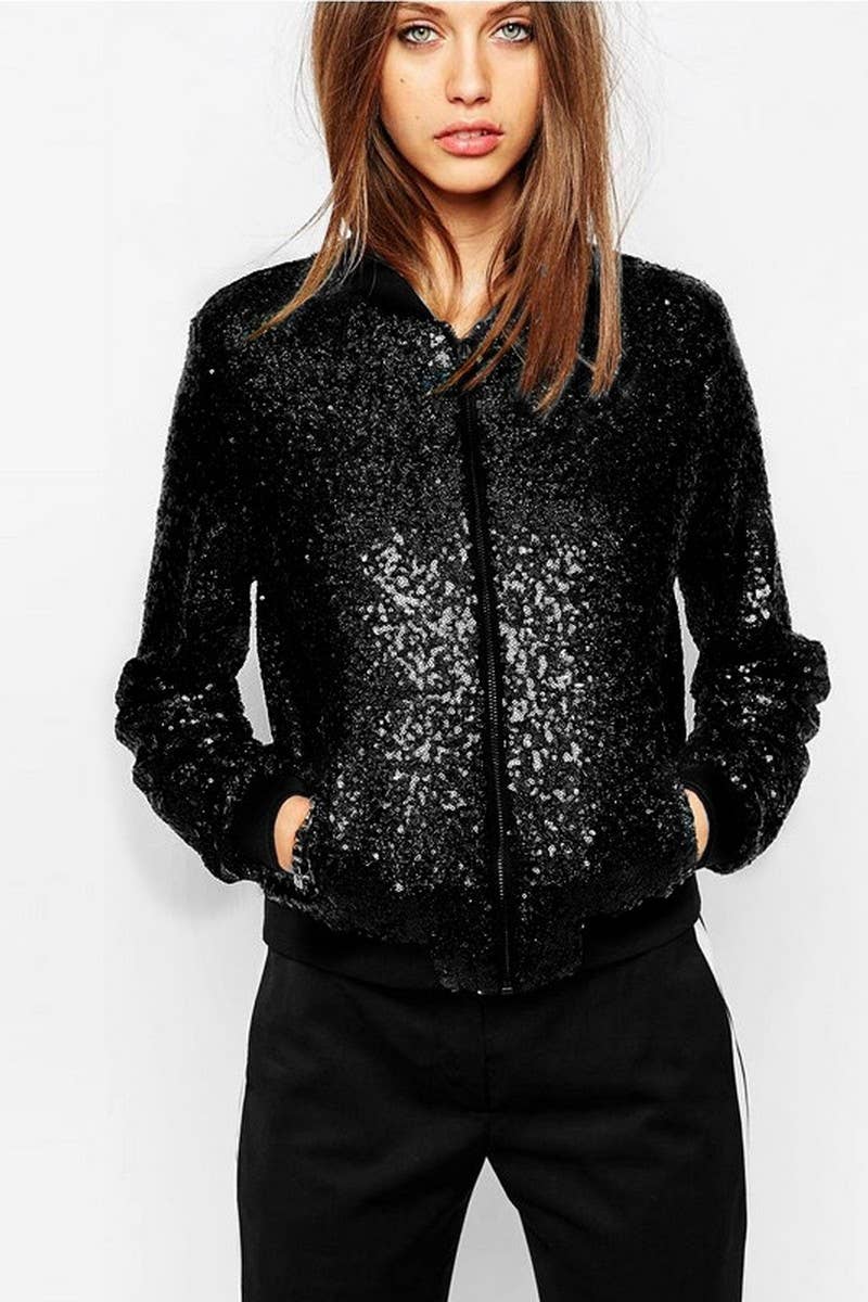 NINEXIS - Wholesale Coat - Women's - CWOCO1128_SEQUINED LONG SLEEVE ZIP-UP BASEBALL JACKET0