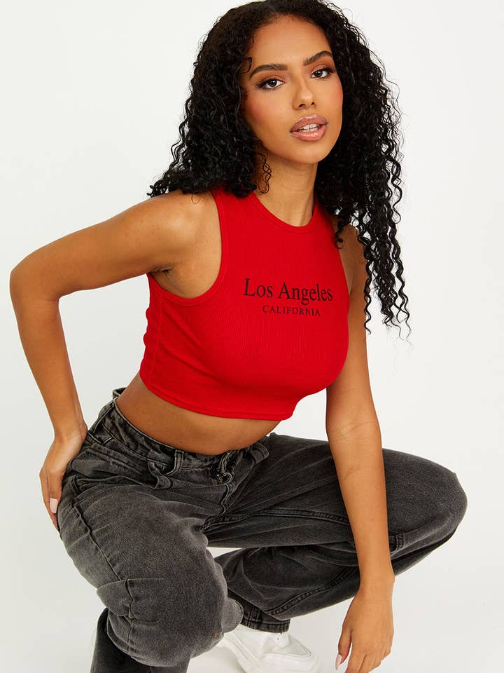 Stylewise Direct – wholesale Linne (Tryckt) - Dam – Los Angeles Ribbad Väst Crop Top