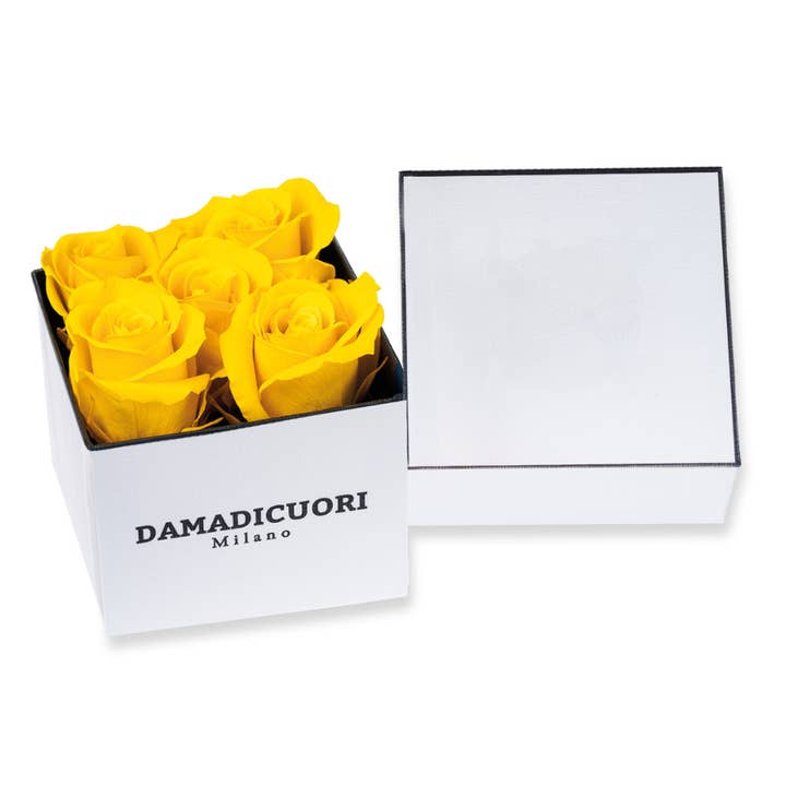 Bouquet aus echten stabilisierten gelben Rosen JOLIE Weiße und schwarze Schachtel für den Großhandel von DAMADICUORI Milano