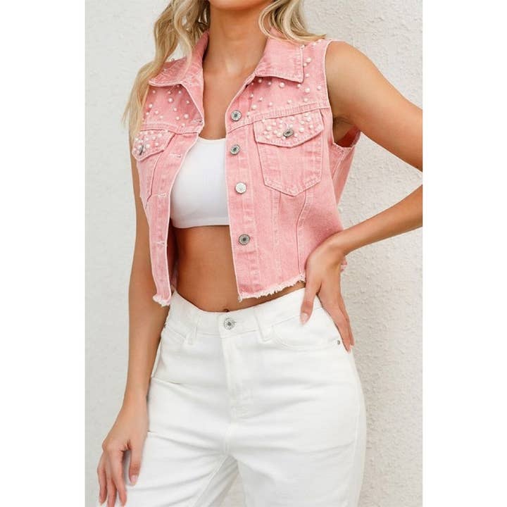 Street Hipster Beaded Frayed Hem Denim VEST for wholesale by Paperdoll