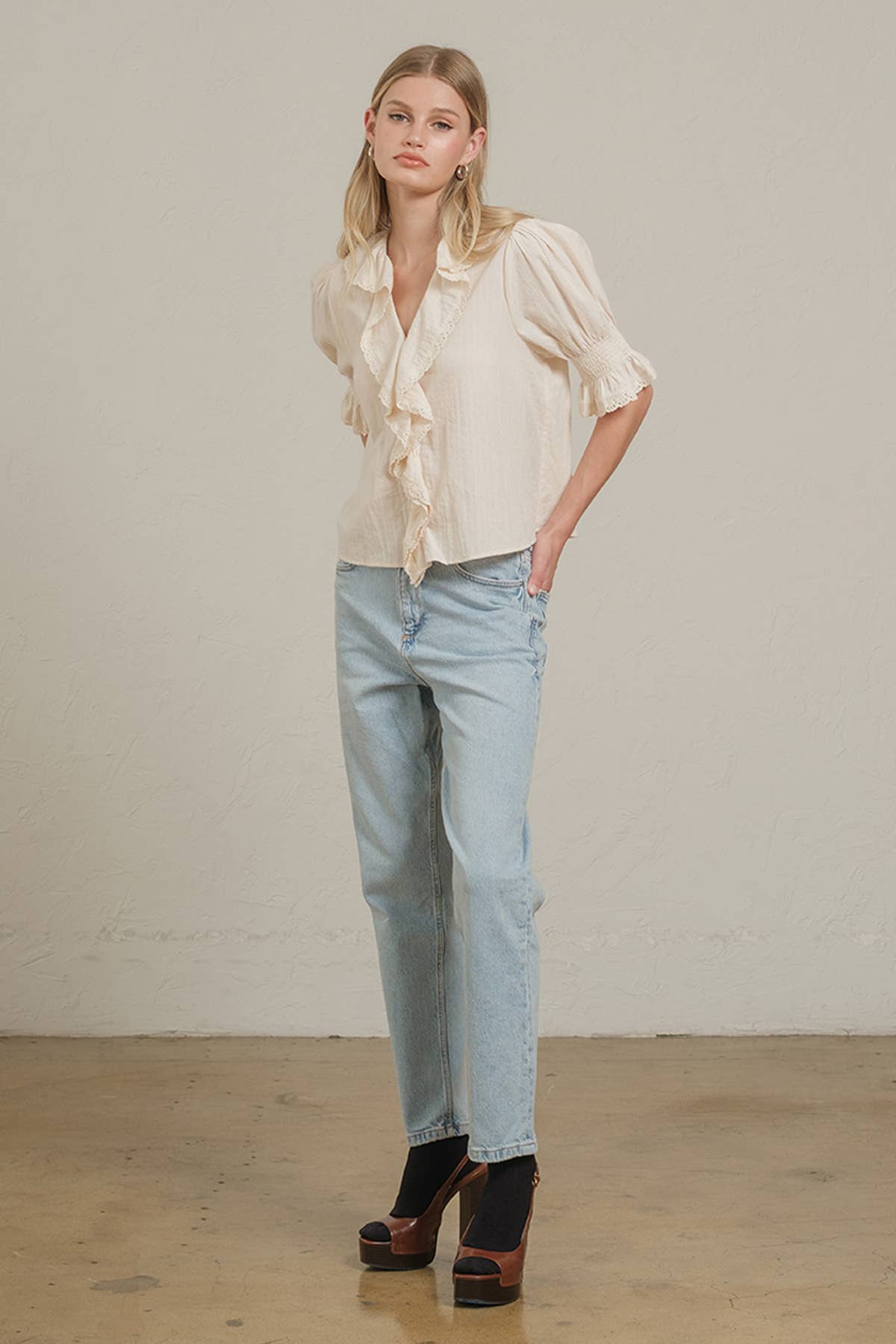 RAISONNEL - Wholesale Blouse - Women's - Ruffle Trim Lace Detail Blouse - RT11791