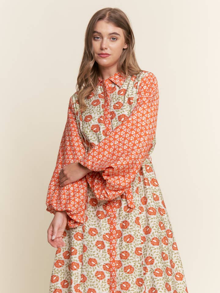 Orange Crush Multicolor Floral  Long Sleeve Button Down Dress for wholesale on Faire0