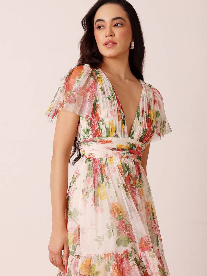 Abito midi in tulle Madison con stampa floreale per la vendita all'ingrosso da parte di Lace & Beads