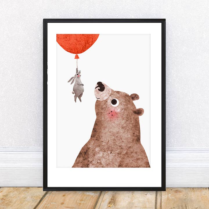 Impresión artística flotante A4 de oso y conejo | Arte de pared para la habitación infantil para venta al por mayor de Emily Nash Illustration Greeting Cards