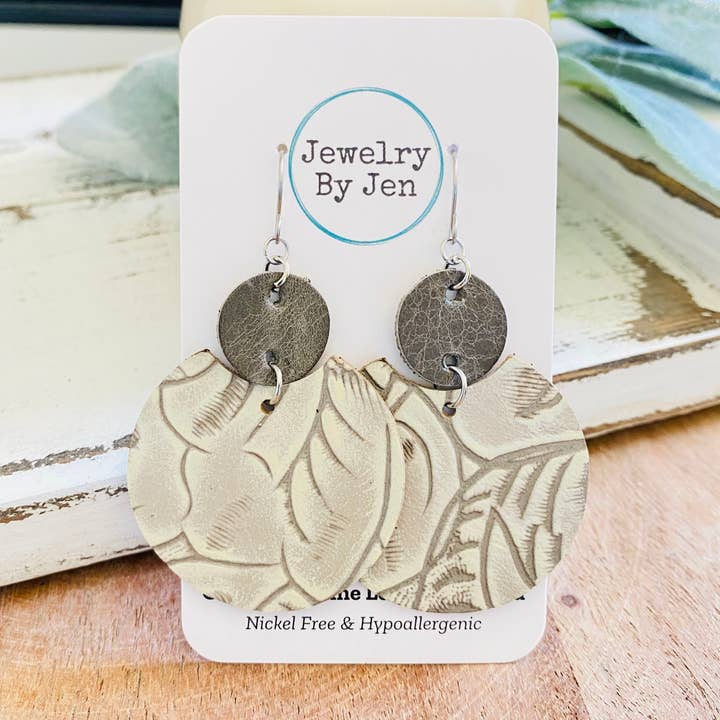 Jewelry By Jen - Wholesale Dangle Earrings - Luna: Grey & Bone Tooled (Limited Supply)