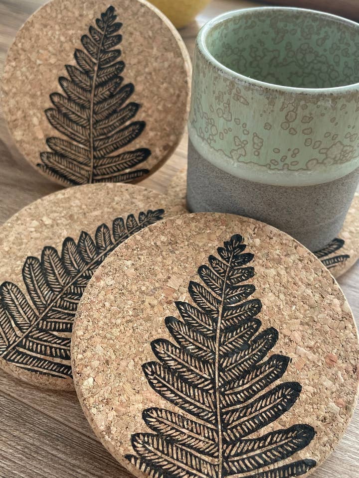 Fern linocut Cork coasters for wholesale by Jackdaw and Bear
