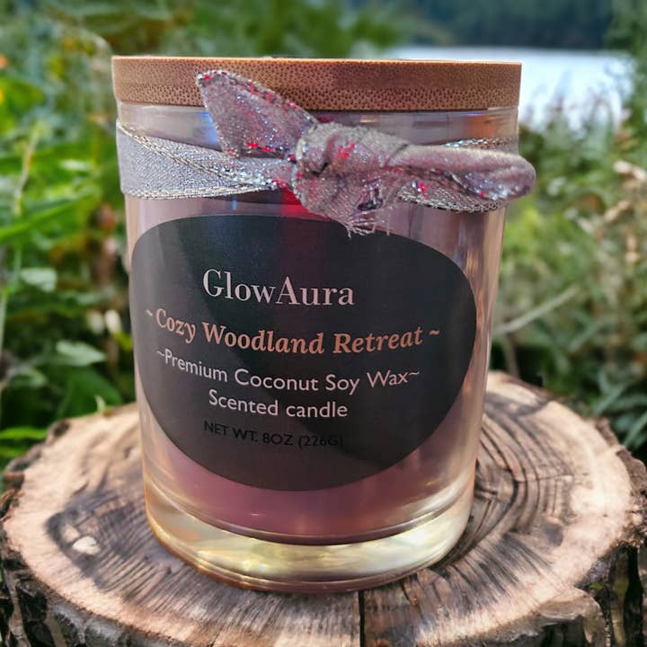 Cozy woodland retreat candle for wholesale by Glowaura LLC