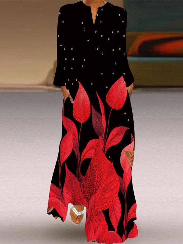 Lange ærmer Løse kontrastfarvetrykkede Maxikjoler med split-joint V-hals for engroshandel hos StyleGalX