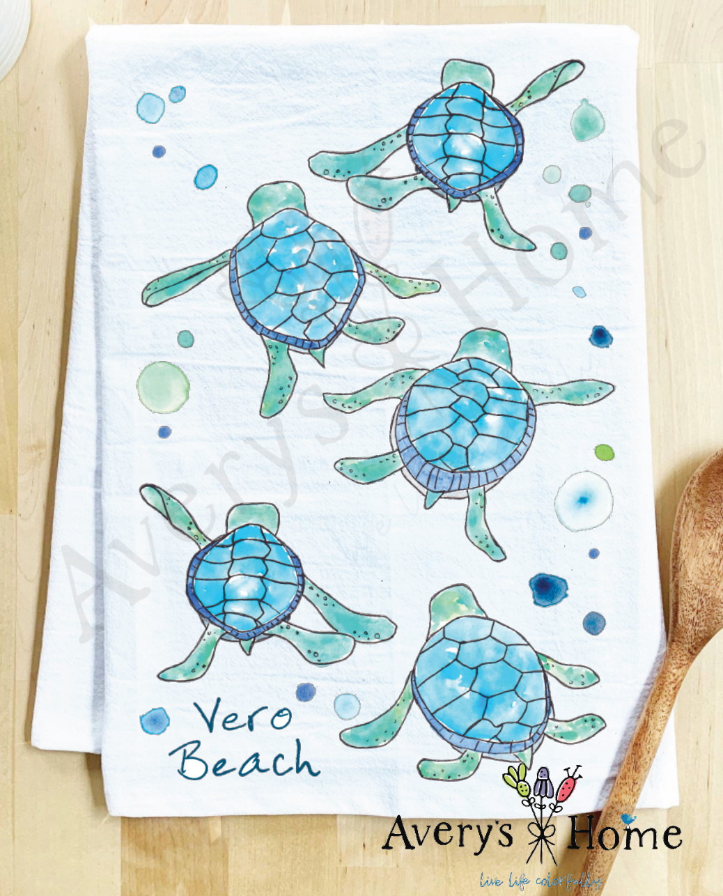 Avery's Home - Vente Torchons - Serviette de cuisine personnalisable avec adorables bébés tortues marchant sur la côte31