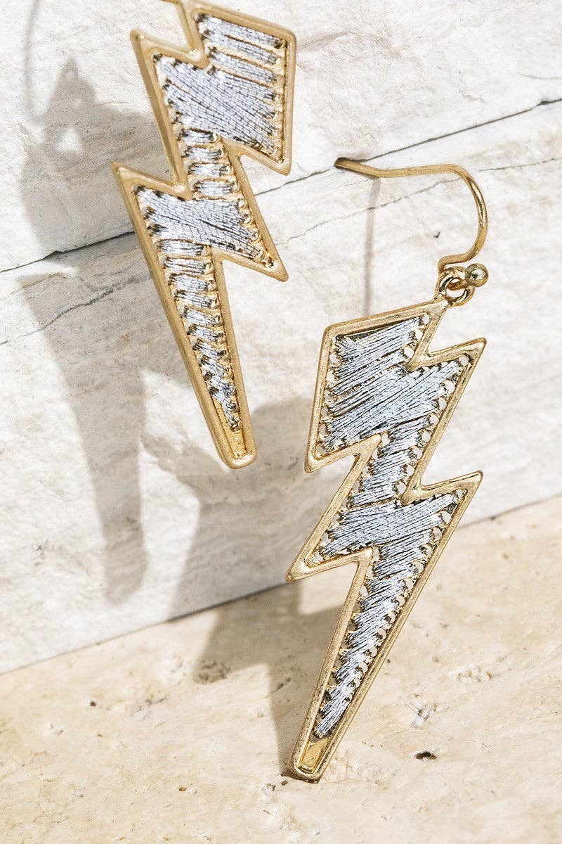 Grey Silver Fine Thread Lightning Bolt Fish Hook Dangle Earrings for wholesale on Faire