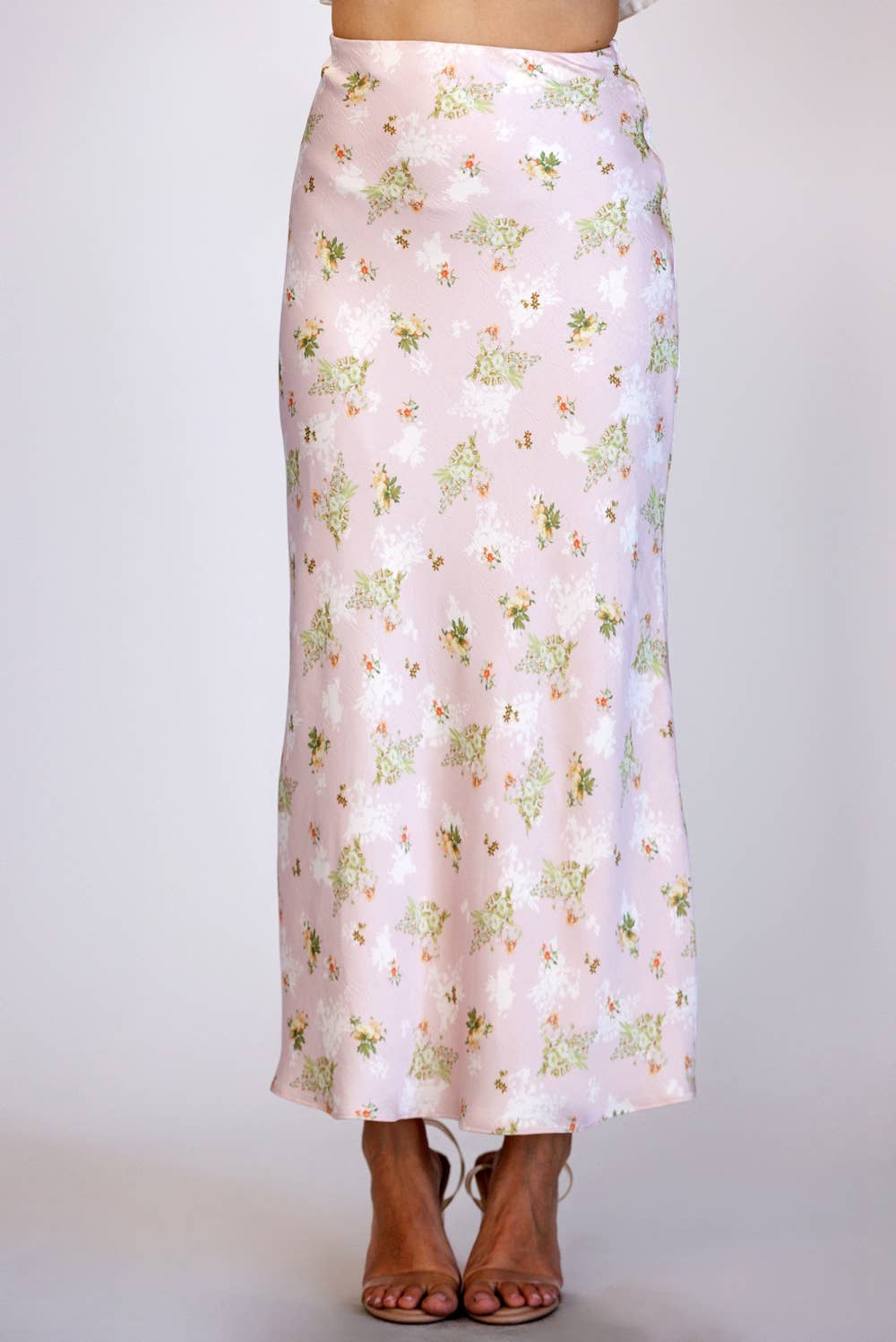 PINK MULTI FL JS5578-10 - FLORAL SATIN MIDI SKIRT for wholesale on Faire