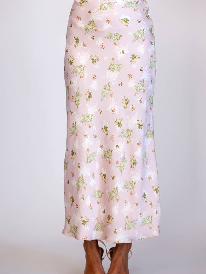PINK MULTI FL JS5578-10 - FLORAL SATIN MIDI SKIRT for wholesale on Faire0