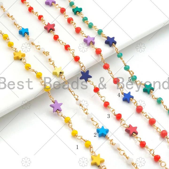 1 Foot/Yard- 6mm Colorful Star Rosary Chain- Brass Wire Wrapped Gold Plated Chain- DIY Necklace/Bracelet Link Findings, sku#V65 for wholesale by BestBeads&Beyond