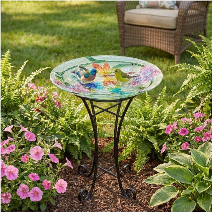 Bol en verre peint à la main, libellules et iris, 45,7 cm pour la vente par Continental Art Center