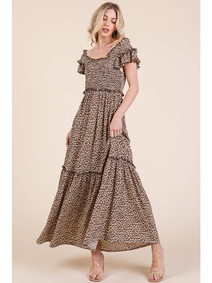 Leopard Print Ruffle Sleeve Tiered Maxi Dress for wholesale on Faire12