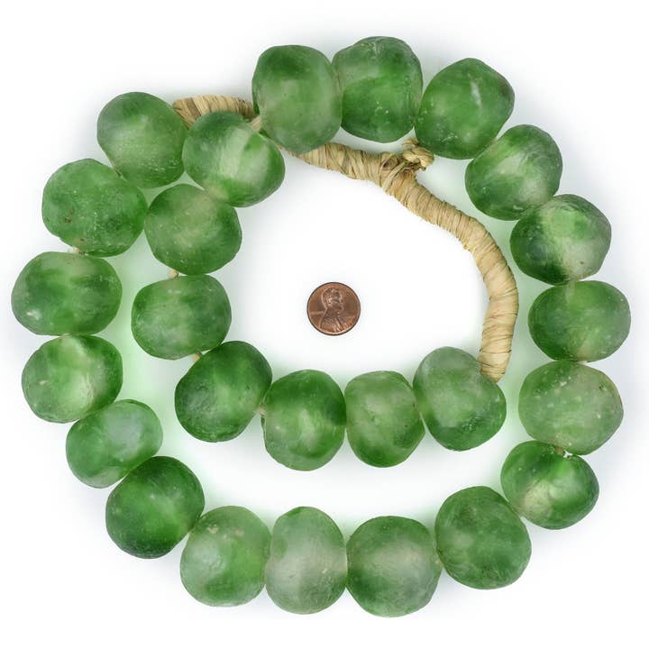 35mm Super Jumbo Green Swirl Recycled Glass Beads for wholesale by The Bead Chest