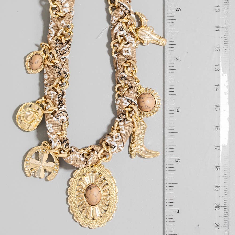 The Looks by Fame Accessories - Wholesale Pendant/Charm Necklace - Western Stone Set Concho Charms Paisley Bandana And Chain Braided Necklace2