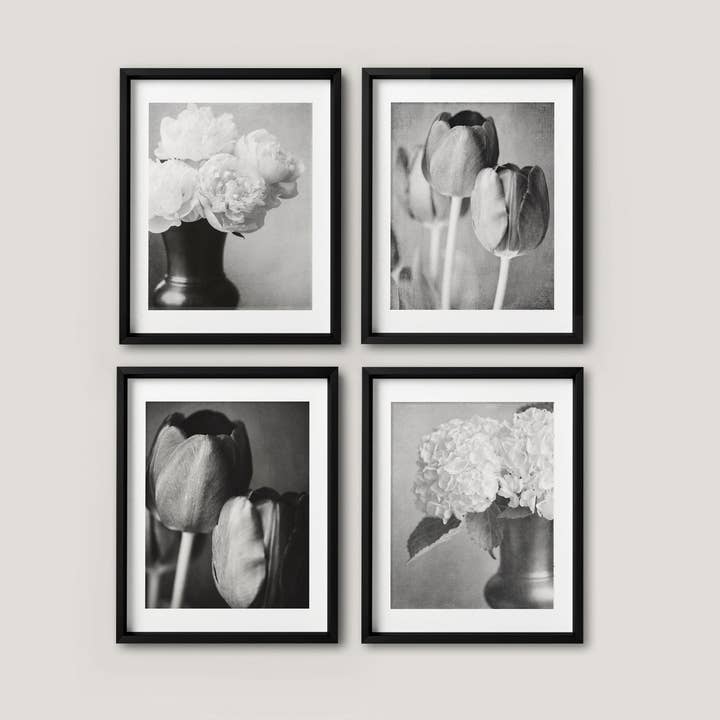 Black and White Elegant Flowers | Art Prints Set of 4 for wholesale by Lisa Russo Fine Art