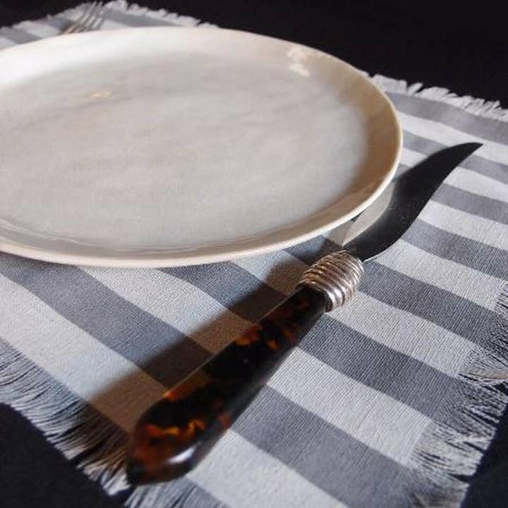 Placemat Rustic Fringed Linen Bold Gray Stripes for wholesale by Packaging Decor