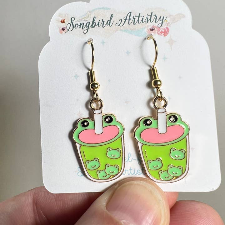 Songbird Artistry - Wholesale Dangle Earrings - Adorable Frog Boba Tea Earrings4