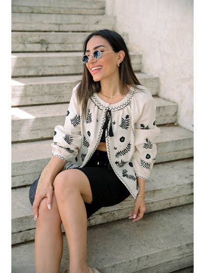 miglo - Wholesale Jacket - Women's - black embroidered linen bohemian jacket