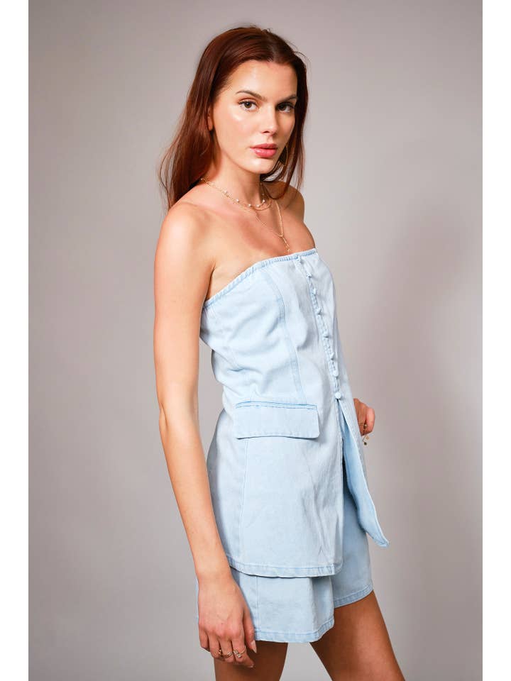 LIGHT WASH 23680SET - Tube Button Detail Tunic Denim Set for wholesale on Faire5